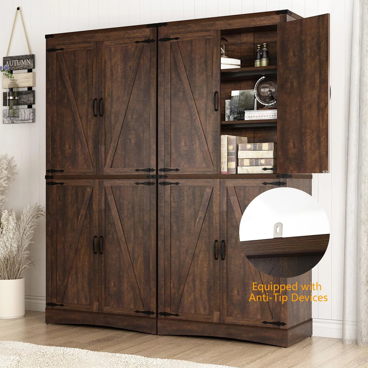 71" Tall Farmhouse Kitchen Pantry Cabinet, 5 Layers Storage Cabinet with Adjustable Shelves, Farmhouse Pantry Cabinet with 4 Barn Doors for Kitchen, Dining Room, Bathroom, Living Room, Rustic White