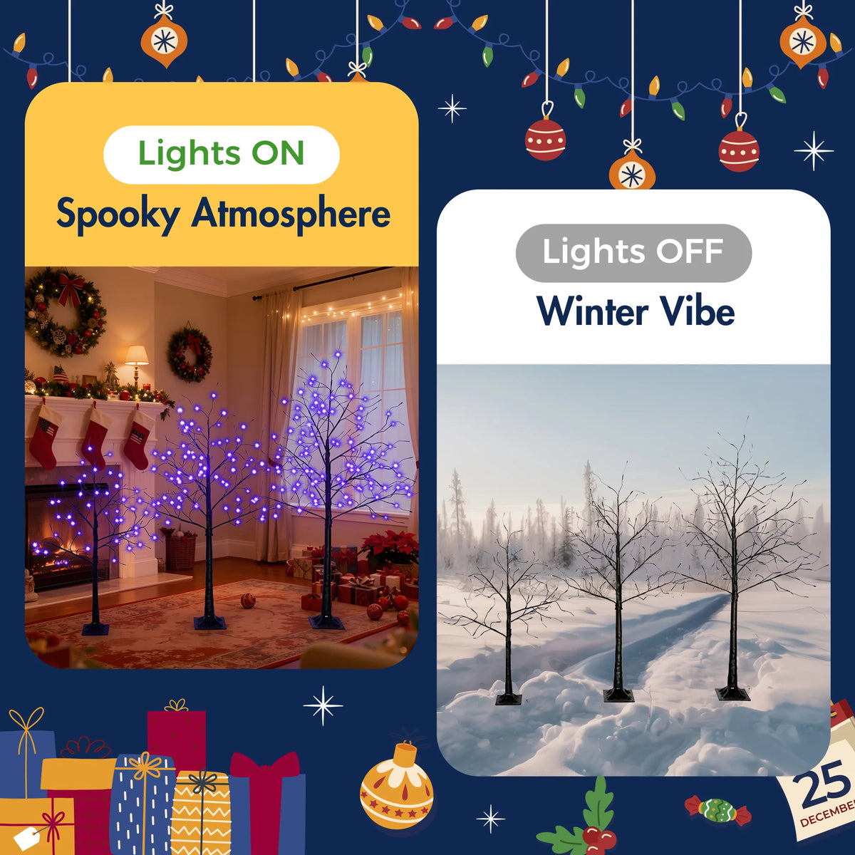 AECOJOY 3 Pac Christmas Tree with Purple Lights, 4FT 5FT and 6FT, Lighted Black Tree for Halloween - Product image 6