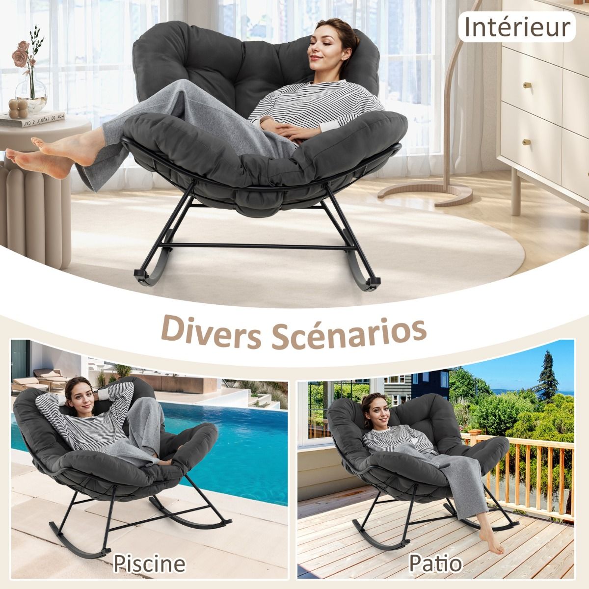 Indoor and Outdoor Rocking Chair Oversized Papasan Chair with Padded Cushion & Metal Frame Capacity 205 Kg Gray -
