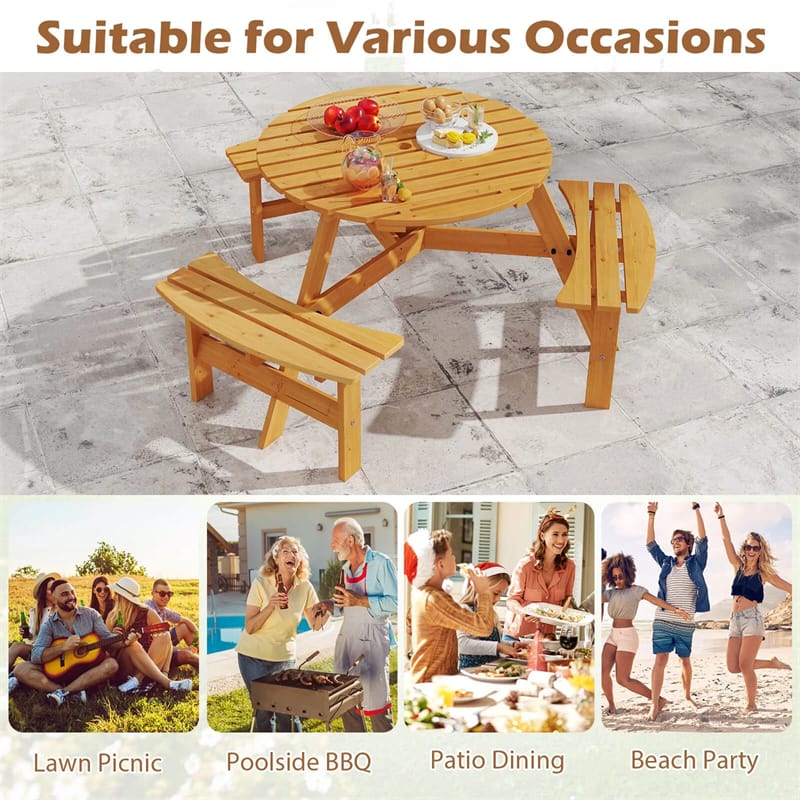 6-Person Round Wood Picnic Table Set with 3 Built-in Benches & 2" Umbrella Hole, Holds 1850 LBS - Product image 19