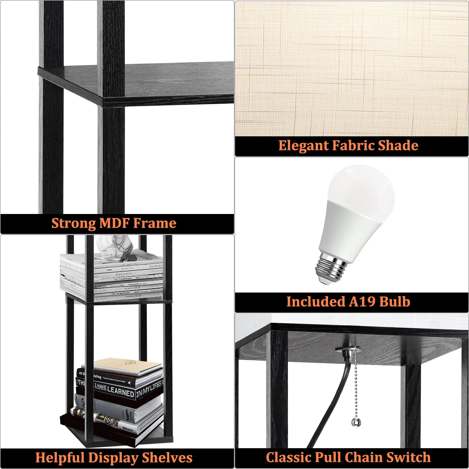 63" Shelf Floor Lamps with Shelves for Living Room Bedroom Office AVV Wood Modern Standing Lamps Black - Product image 7