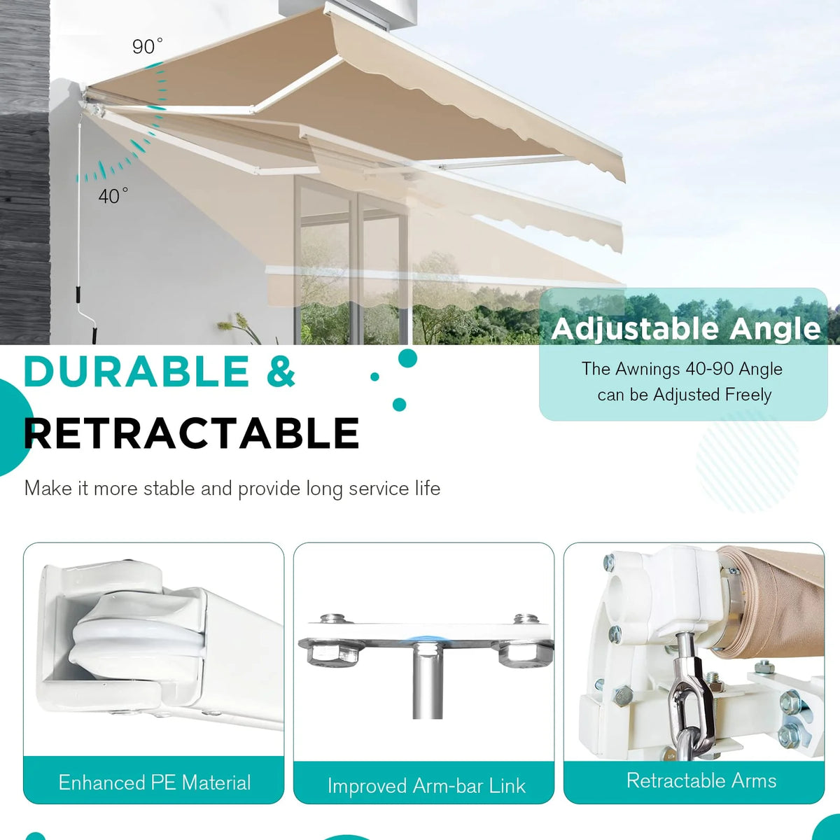 AECOJOY 20'x10' Manual Retractable Awning Sun Shade, Patio Awning Canopy - Product image 7
