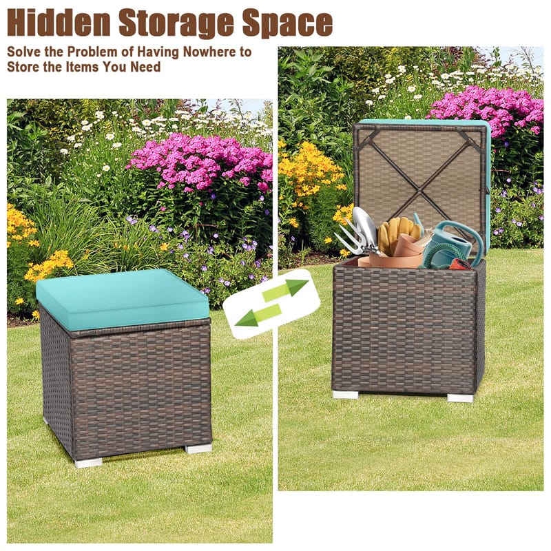 2PCS Wicker Outdoor Storage Ottomans with Removable Cushions, Multipurpose PE Rattan Footrest Side Table - Product image 35