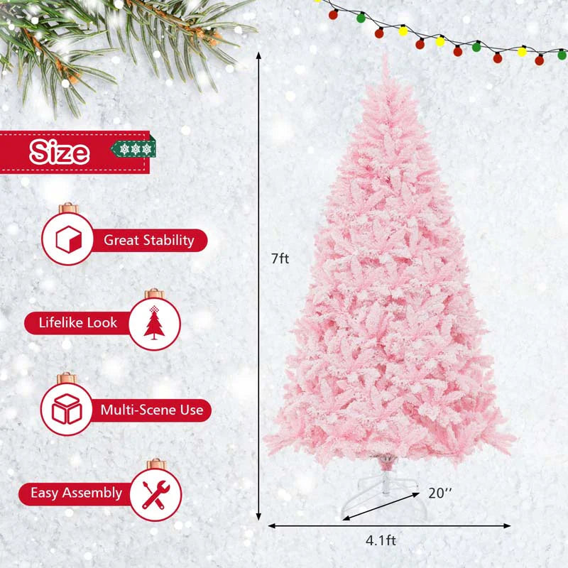 7 FT Pre-lit Pink Artificial Christmas Tree, Hinged Snow Flocked Holiday Tree with 1200 Tips - Product image 7