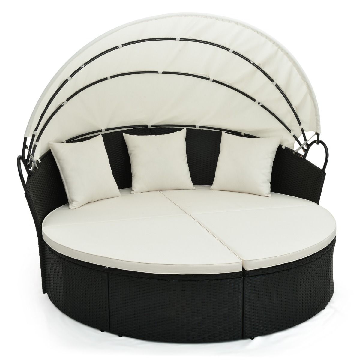 Round Garden Sofa Bed in PE Rattan Retractable Awning Removable Cushions and Pillows Modular Garden Furniture White -