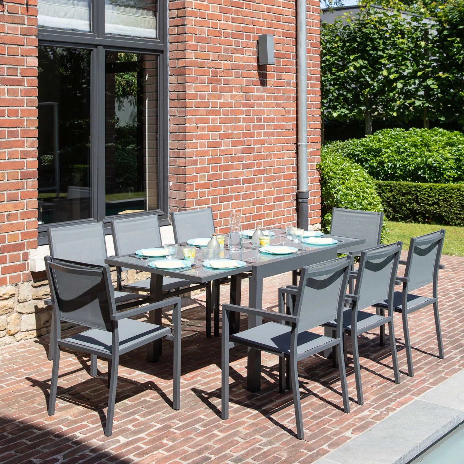 LAMPEDUSA extendable garden furniture in gray textilene 8 places - anthracite aluminum -