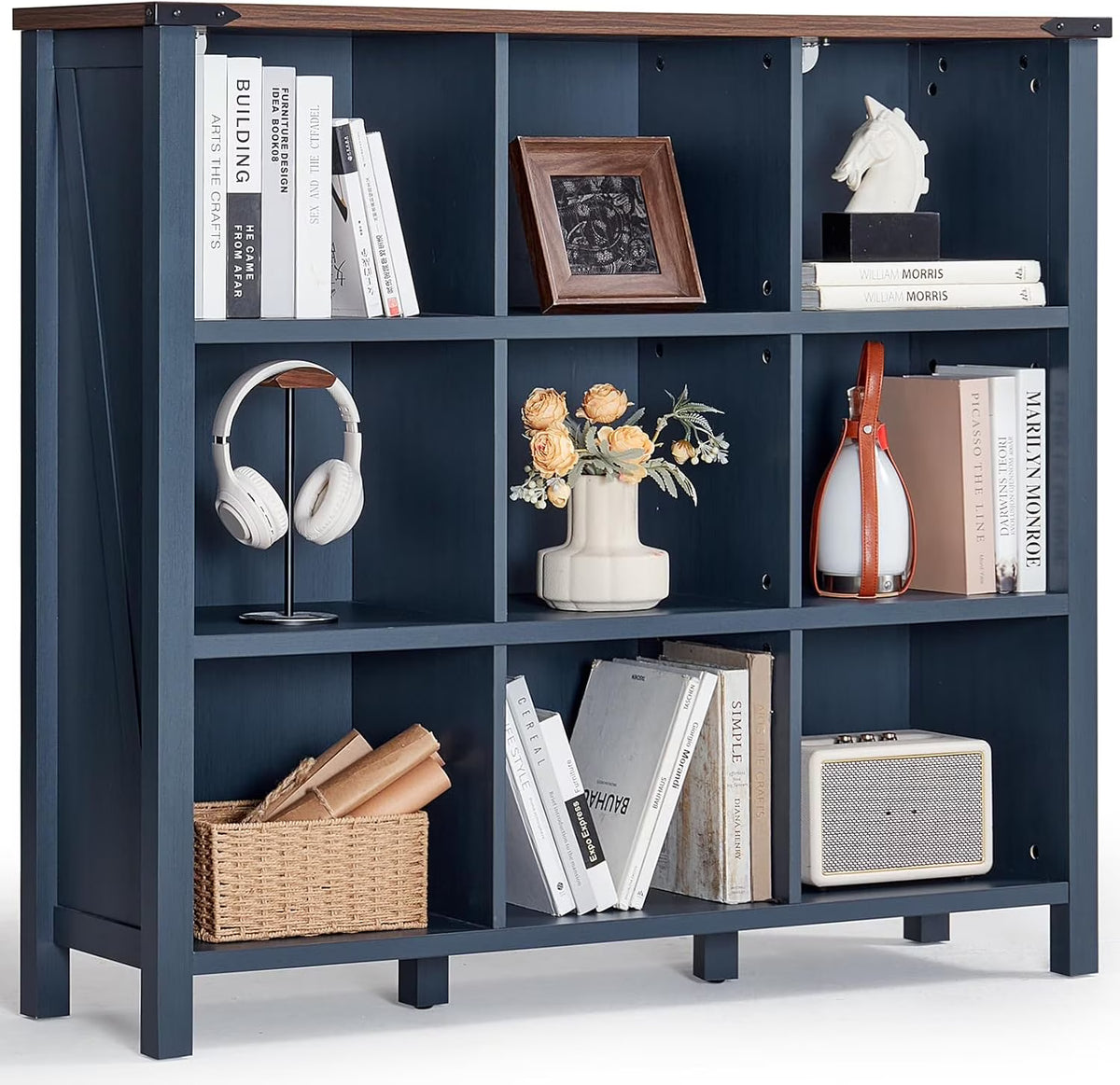 9 Cube Bookcase, Farmhouse 47 in Wide Navy Blue Bookshelf, Wooden 3 Tier Display Large Open Book Shelf - Product image 1