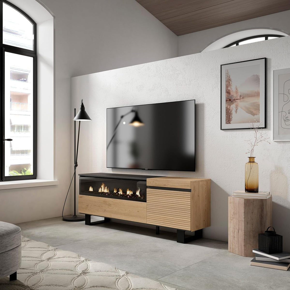 Skraut Home | TV cabinet | TV Bench | Large Storage Space | 150x57x35cm | for TVs up to 65" | Electric fireplace | Industrial Design | Modern Style | Oak