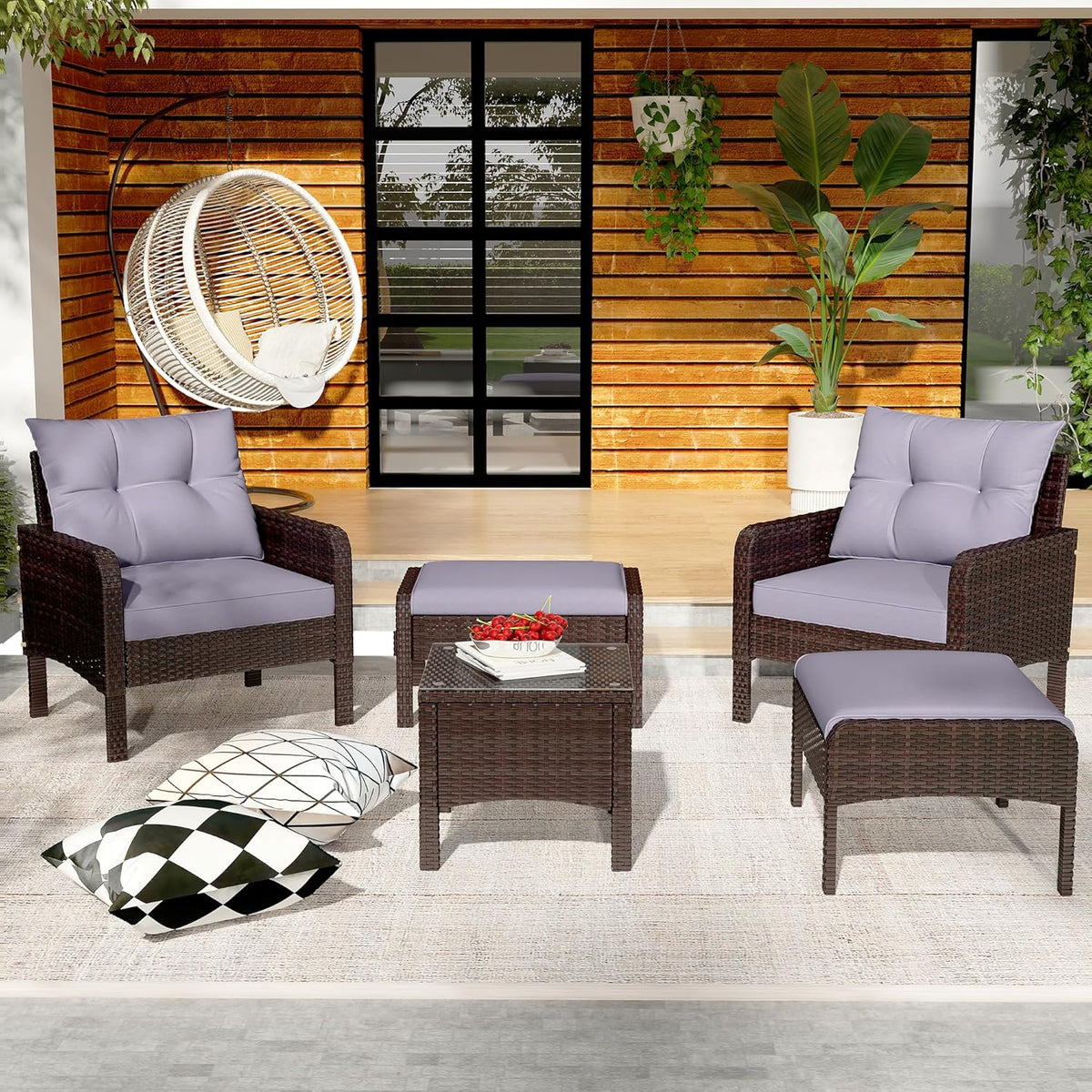 AECOJOY Outdoor 5 Pieces Patio Furniture Set, PE Rattan Wicker Chairs with Ottoman and Table, Brown/Grey - Product image 2