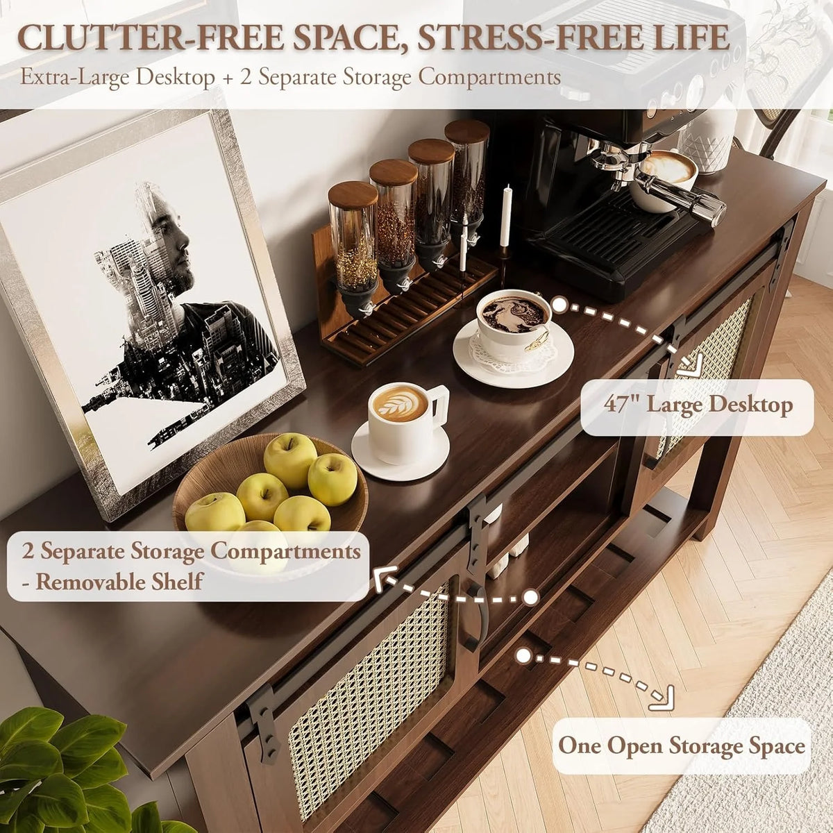 AECOJOY Buffet Cabinet, Coffee Bar Storage Cabinet, 46'' Coffee Bar Table with Rattan Sliding Barn Door - Product image 5
