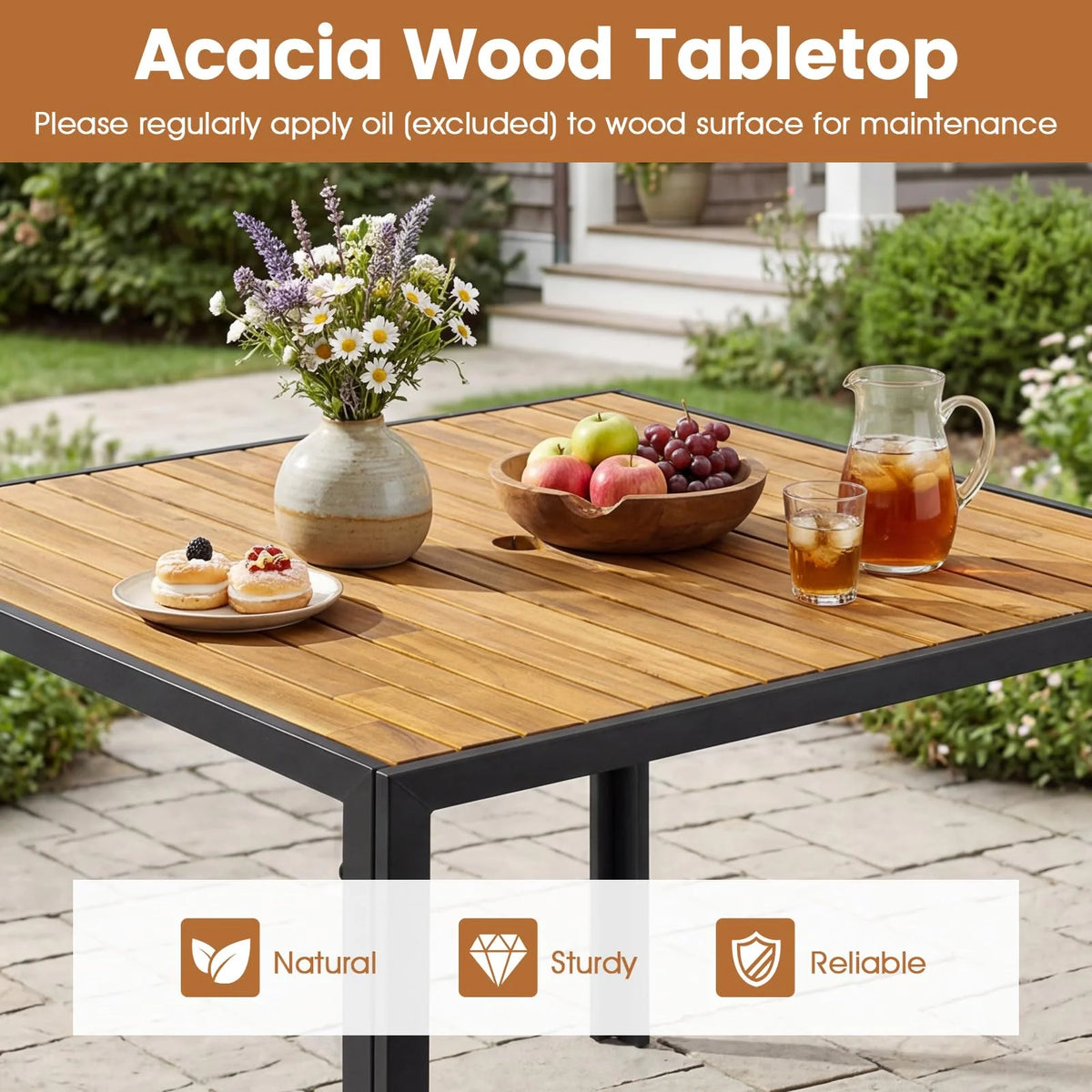 Tangkula 36" Square Acacia Wood Patio Dining Table 1.97" Umbrella Hole and Heavy Duty Metal Frame - Product image 4