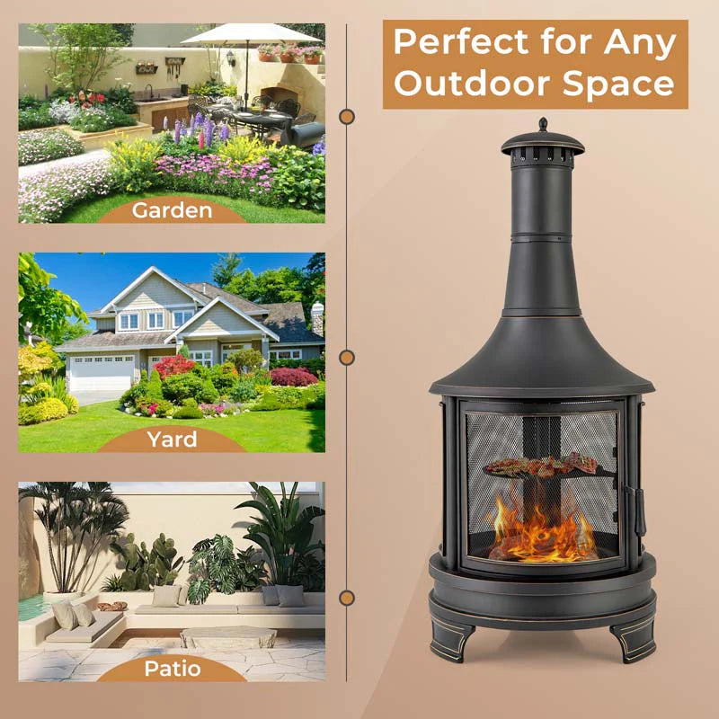 Outdoor Wood Burning Chiminea Fire Pit for Patio Backyard BBQ, 30 Inch Metal Fireplace with Grill - Product image 8