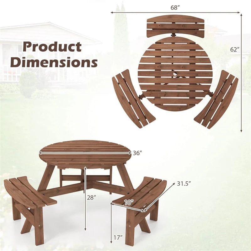 6-Person Round Wood Picnic Table Set with 3 Built-in Benches & 2" Umbrella Hole, Holds 1850 LBS - Product image 4