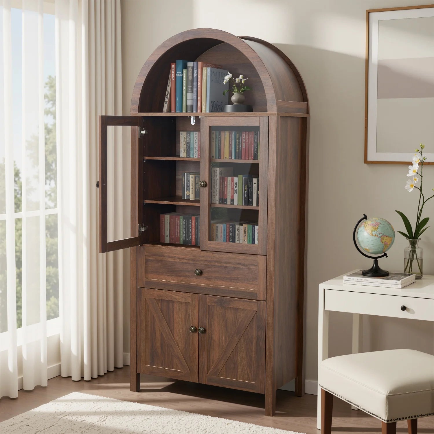 Lisonu 72" Arched Bookcase with Doors, Tall Dome Display Cabinet with Storage for Living Room or Home - Product image 13