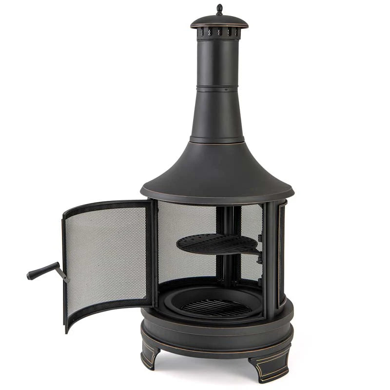 Outdoor Wood Burning Chiminea Fire Pit for Patio Backyard BBQ, 30 Inch Metal Fireplace with Grill - Product image 4