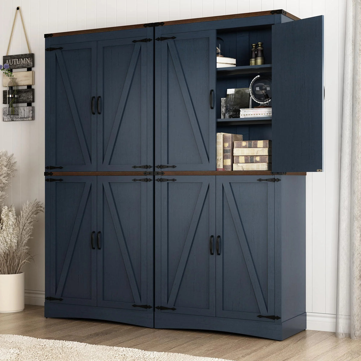 71" Tall Farmhouse Kitchen Pantry Cabinet, 5 Layers Storage Cabinet with Adjustable Shelves, Farmhouse Pantry Cabinet with 4 Barn Doors for Kitchen, Dining Room, Bathroom, Living Room, Rustic White