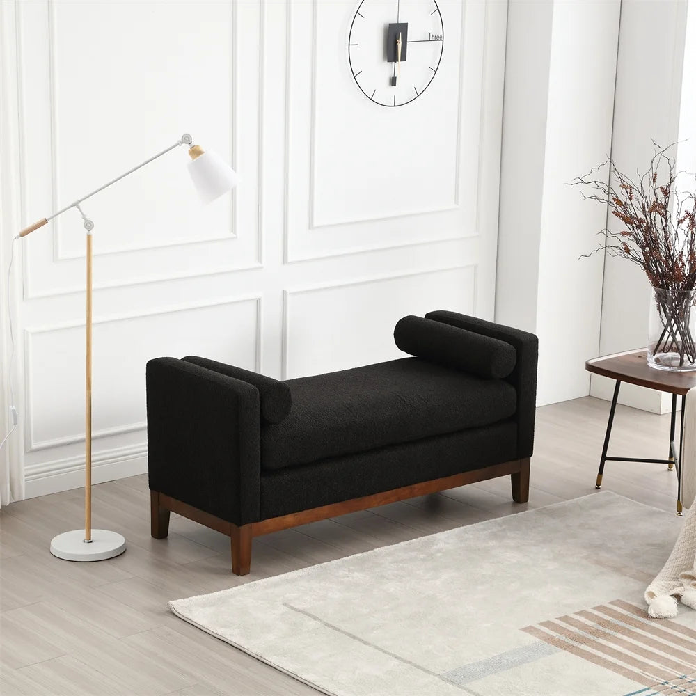 53.5"w Elegant Upholstered Bench with Wood Legs & Round Pillows, Comfy Boucle Fabric Footrest with Arms - Product image 18