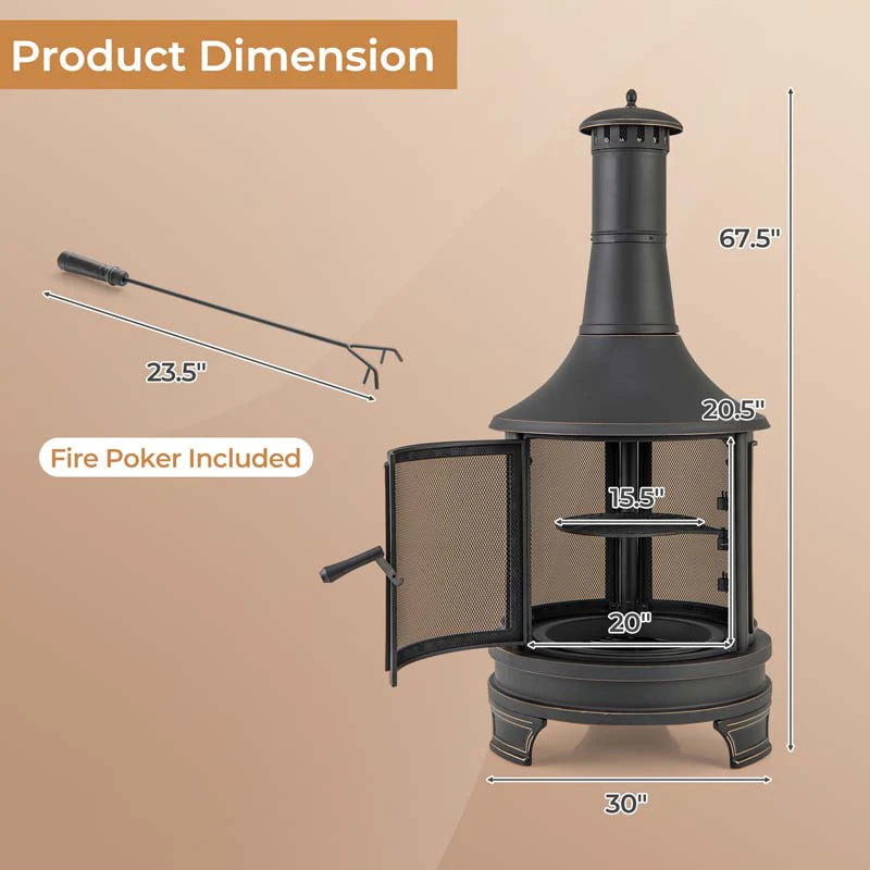 Outdoor Wood Burning Chiminea Fire Pit for Patio Backyard BBQ, 30 Inch Metal Fireplace with Grill - Product image 10