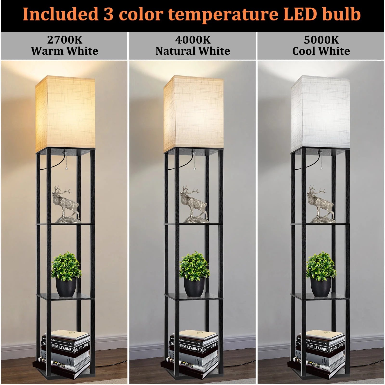 63" Shelf Floor Lamps with Shelves for Living Room Bedroom Office AVV Wood Modern Standing Lamps Black - Product image 3