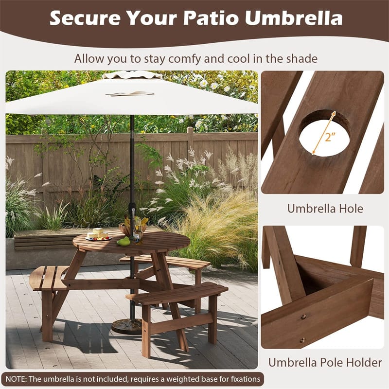 6-Person Round Wood Picnic Table Set with 3 Built-in Benches & 2" Umbrella Hole, Holds 1850 LBS - Product image 6
