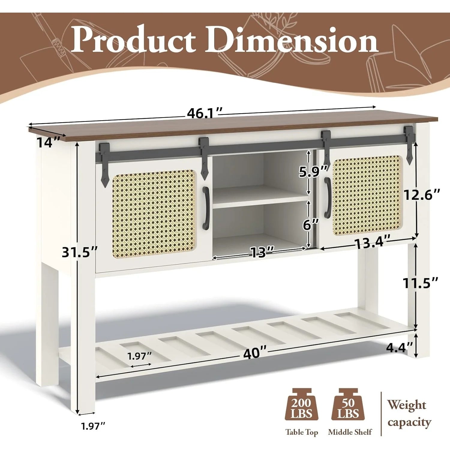 AECOJOY Buffet Cabinet, Coffee Bar Storage Cabinet, 46'' Coffee Bar Table with Rattan Sliding Barn Door - Product image 9
