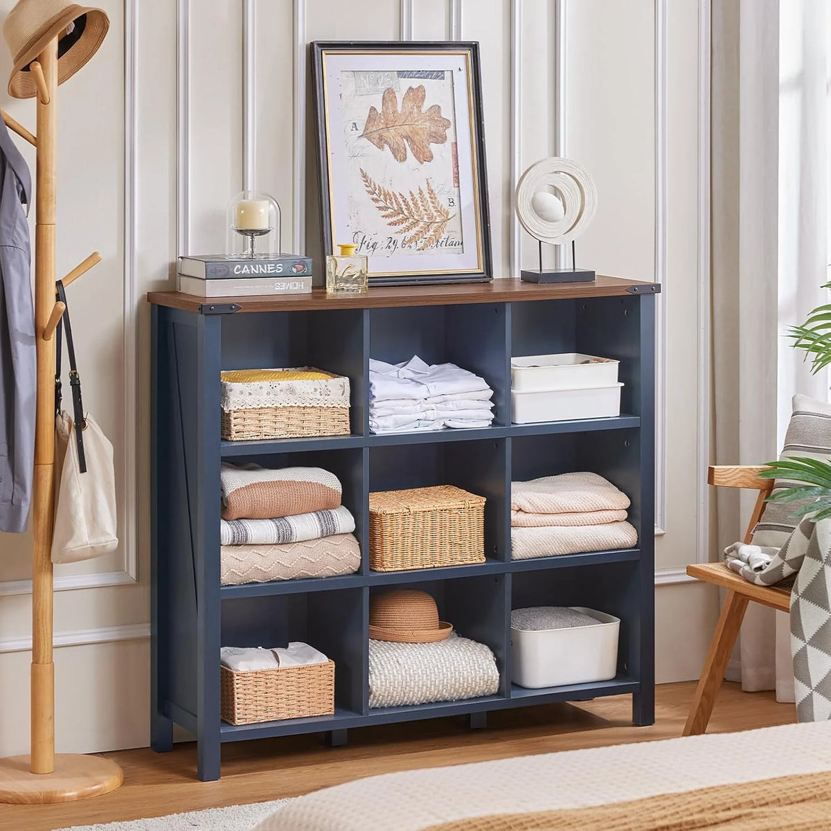 9 Cube Bookcase, Farmhouse 47 in Wide Navy Blue Bookshelf, Wooden 3 Tier Display Large Open Book Shelf - Product image 9