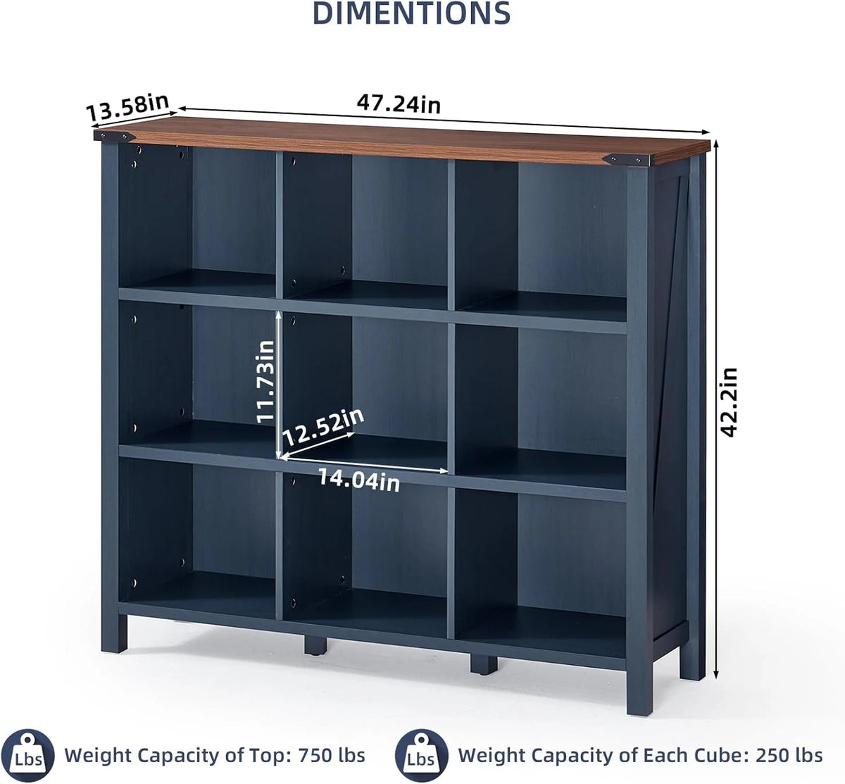 9 Cube Bookcase, Farmhouse 47 in Wide Navy Blue Bookshelf, Wooden 3 Tier Display Large Open Book Shelf - Product image 3