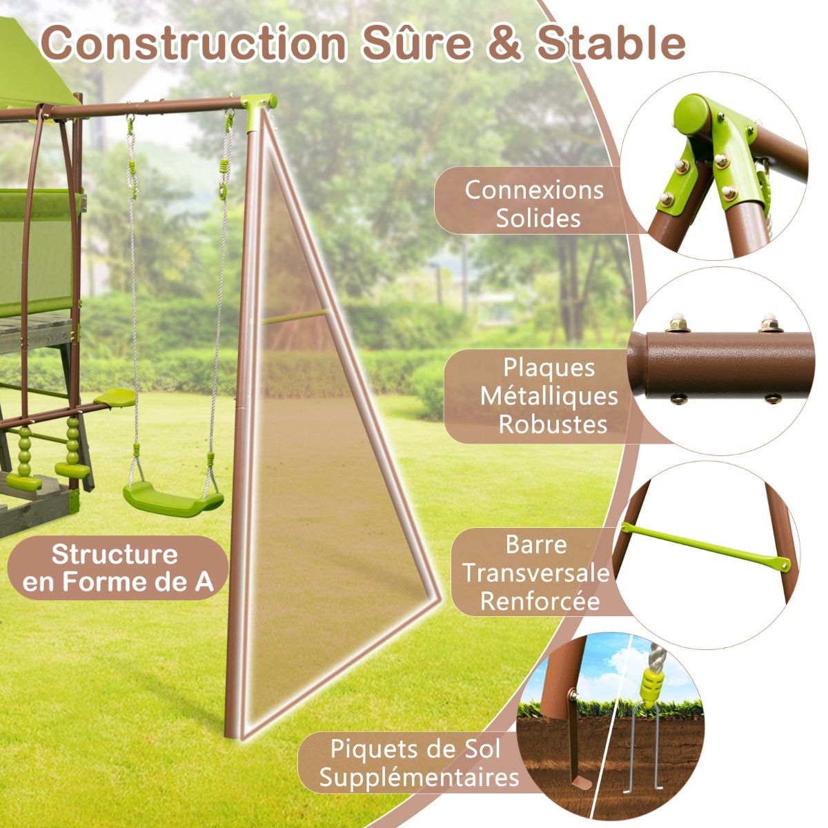 7-in-1 Swing Metal Playground with Strong Canopy Height Adjustable Climbing Rope Sandbox Slider Corrugated Slide Green -