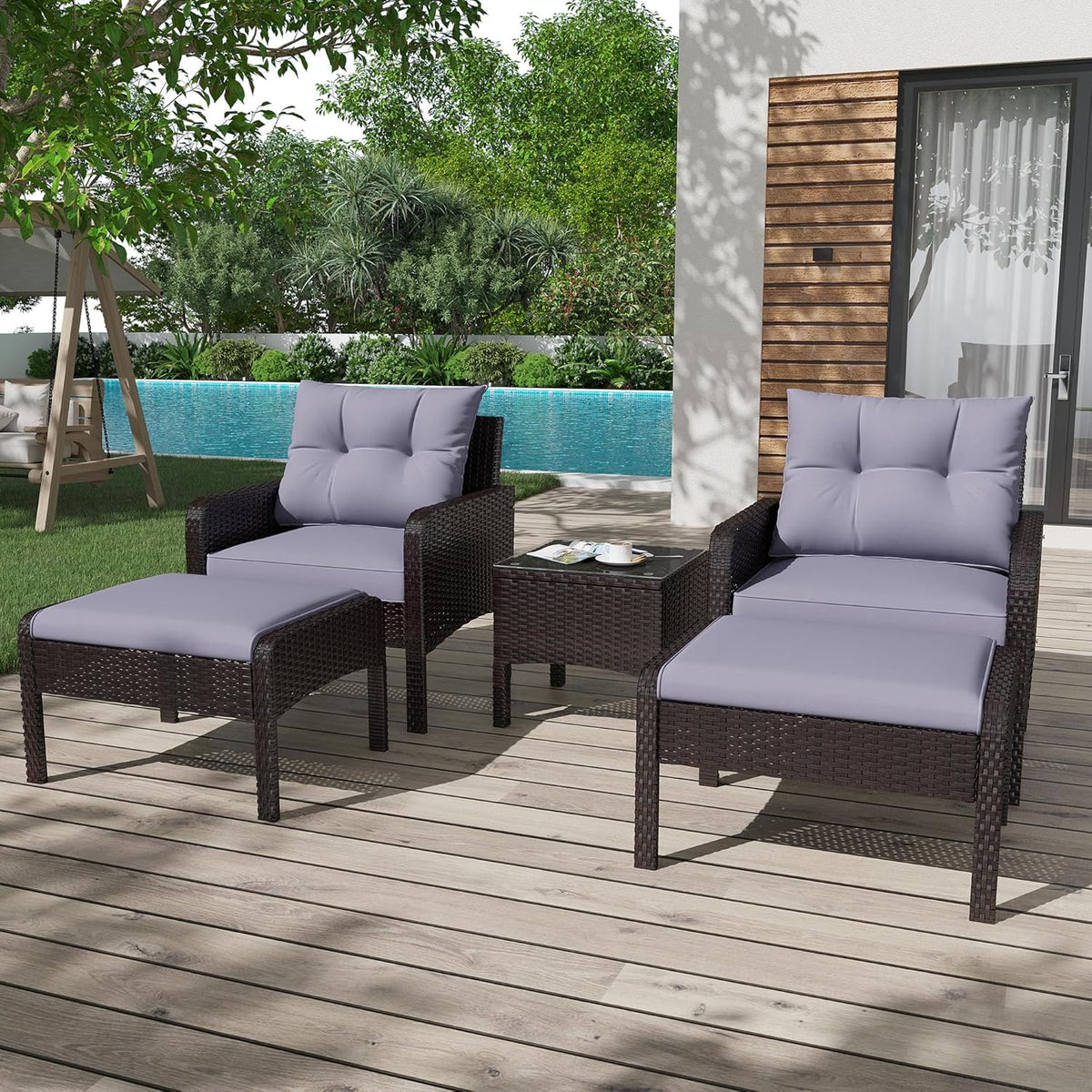 AECOJOY Outdoor 5 Pieces Patio Furniture Set, PE Rattan Wicker Chairs with Ottoman and Table, Brown/Grey - Product image 7