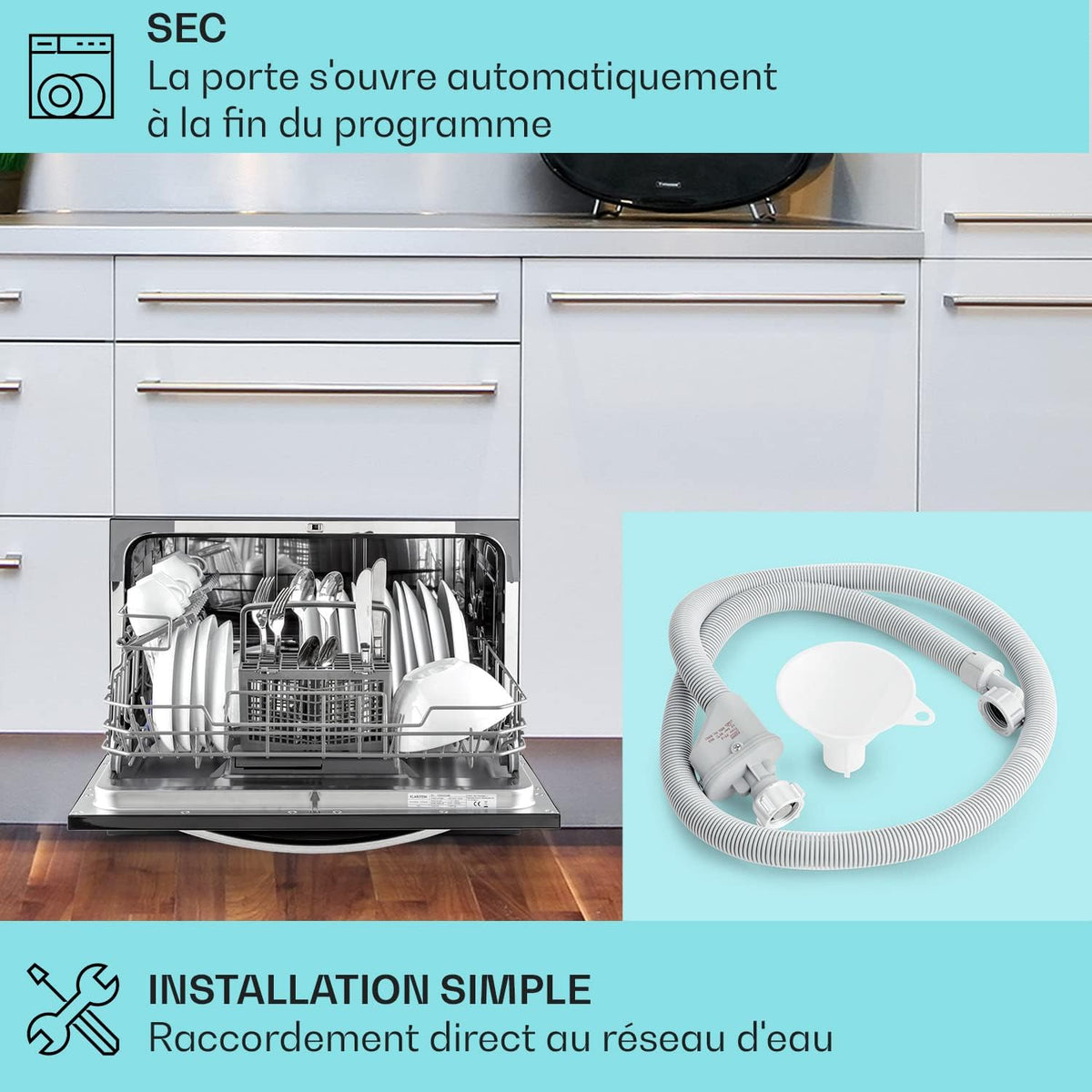 Mini Table Dishwasher with 8 Place Settings, Quiet, 6 Wash Programs, Portable, Easy to Install for Home and Office -