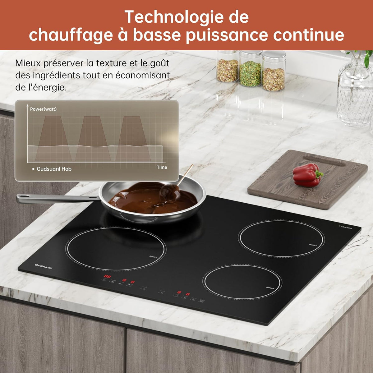 Gudsunal 4-burner induction hob, built-in cooktop, 7200W, 9 heating levels, Boost, Timer, Automatic shut-off, Child safety lock