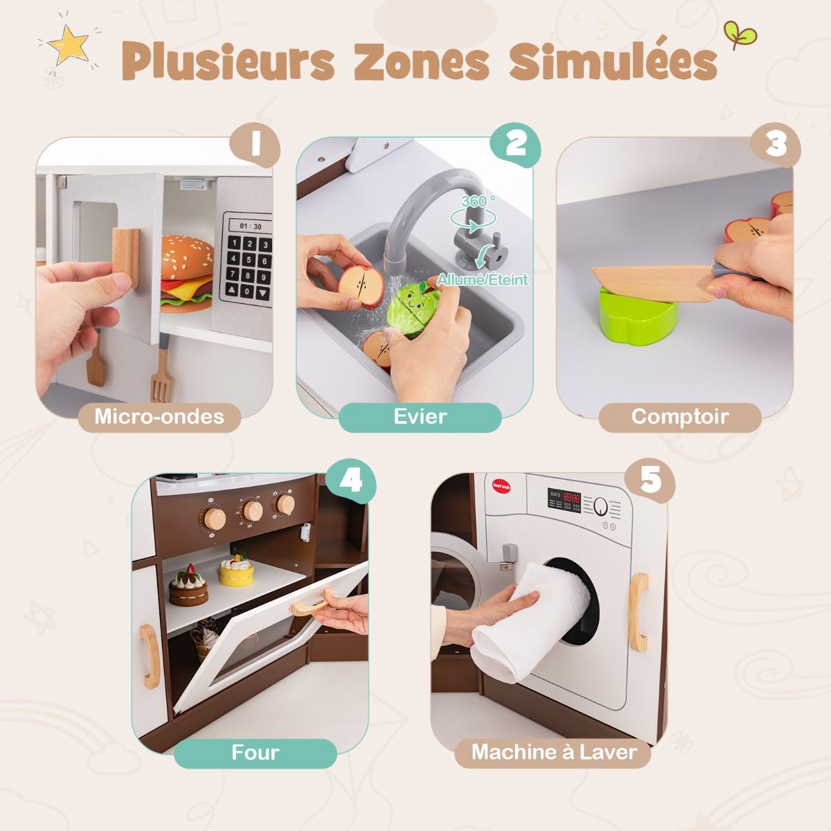 Corner Kitchen Game for Children Ages 3 and Up Wooden Ice Maker Napkin Holder Accessories Sound and Light Effects -