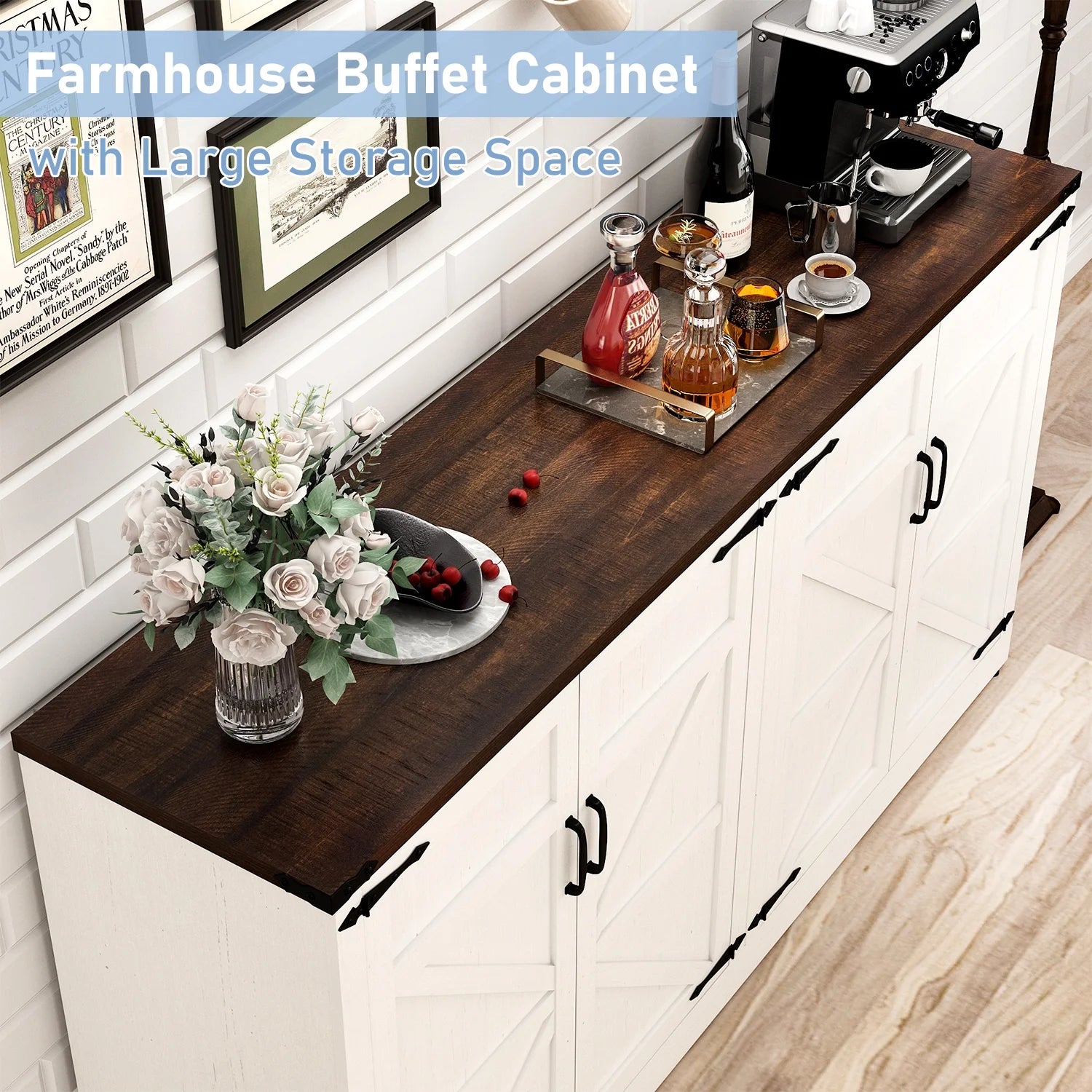71" Tall Farmhouse Kitchen Pantry Cabinet, 5 Layers Storage Cabinet with Adjustable Shelves, Farmhouse Pantry Cabinet with 4 Barn Doors for Kitchen, Dining Room, Bathroom, Living Room, Rustic White