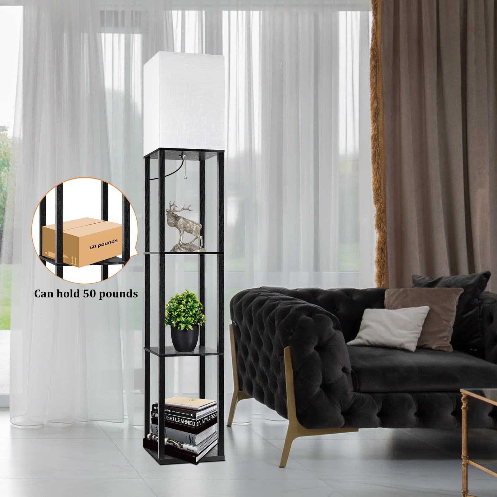 63" Shelf Floor Lamps with Shelves for Living Room Bedroom Office AVV Wood Modern Standing Lamps Black - Product image 6