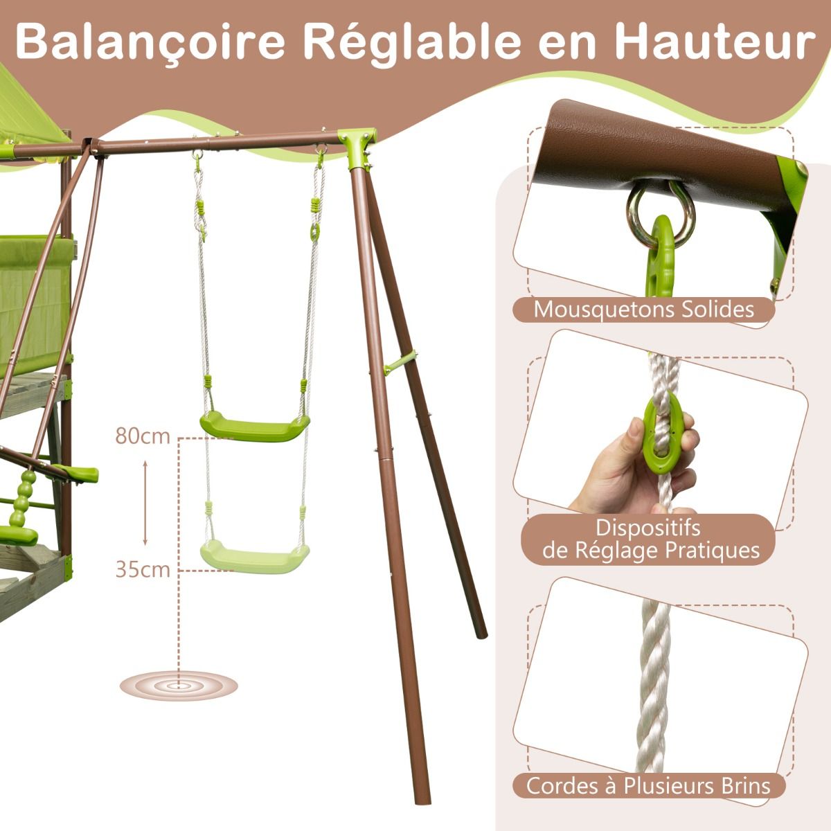 7-in-1 Swing Metal Playground with Strong Canopy Height Adjustable Climbing Rope Sandbox Slider Corrugated Slide Green -
