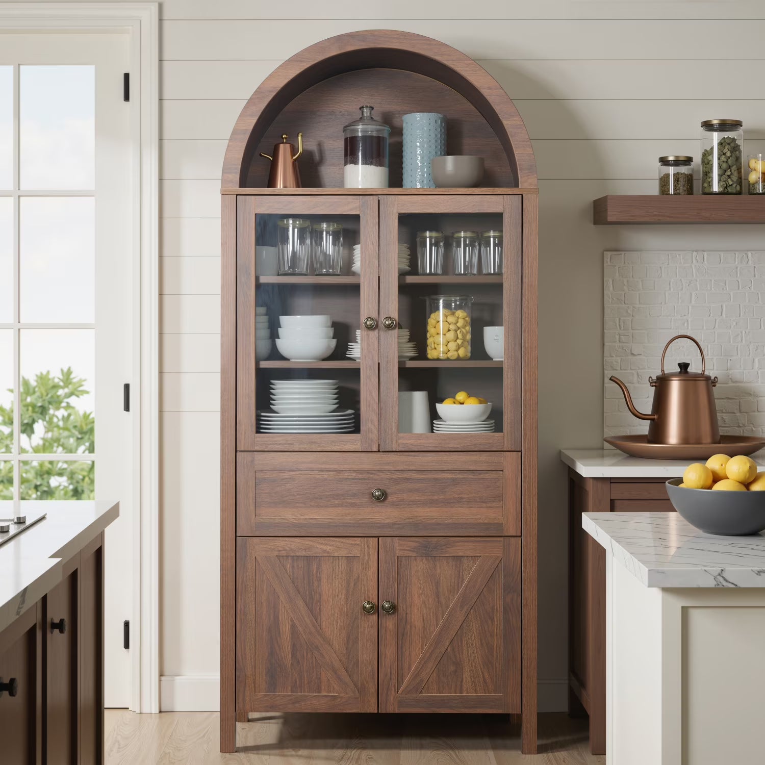 Lisonu 72" Arched Bookcase with Doors, Tall Dome Display Cabinet with Storage for Living Room or Home - Product image 3