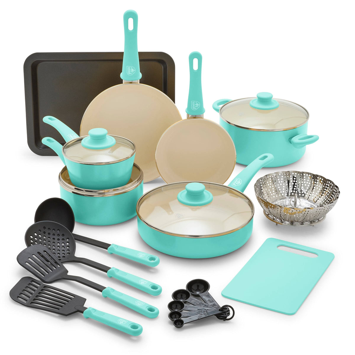 GreenLife 18-Piece Soft Grip Toxin-Free Healthy Ceramic Non-Stick Cookware Set, Turquoise - Product image 1