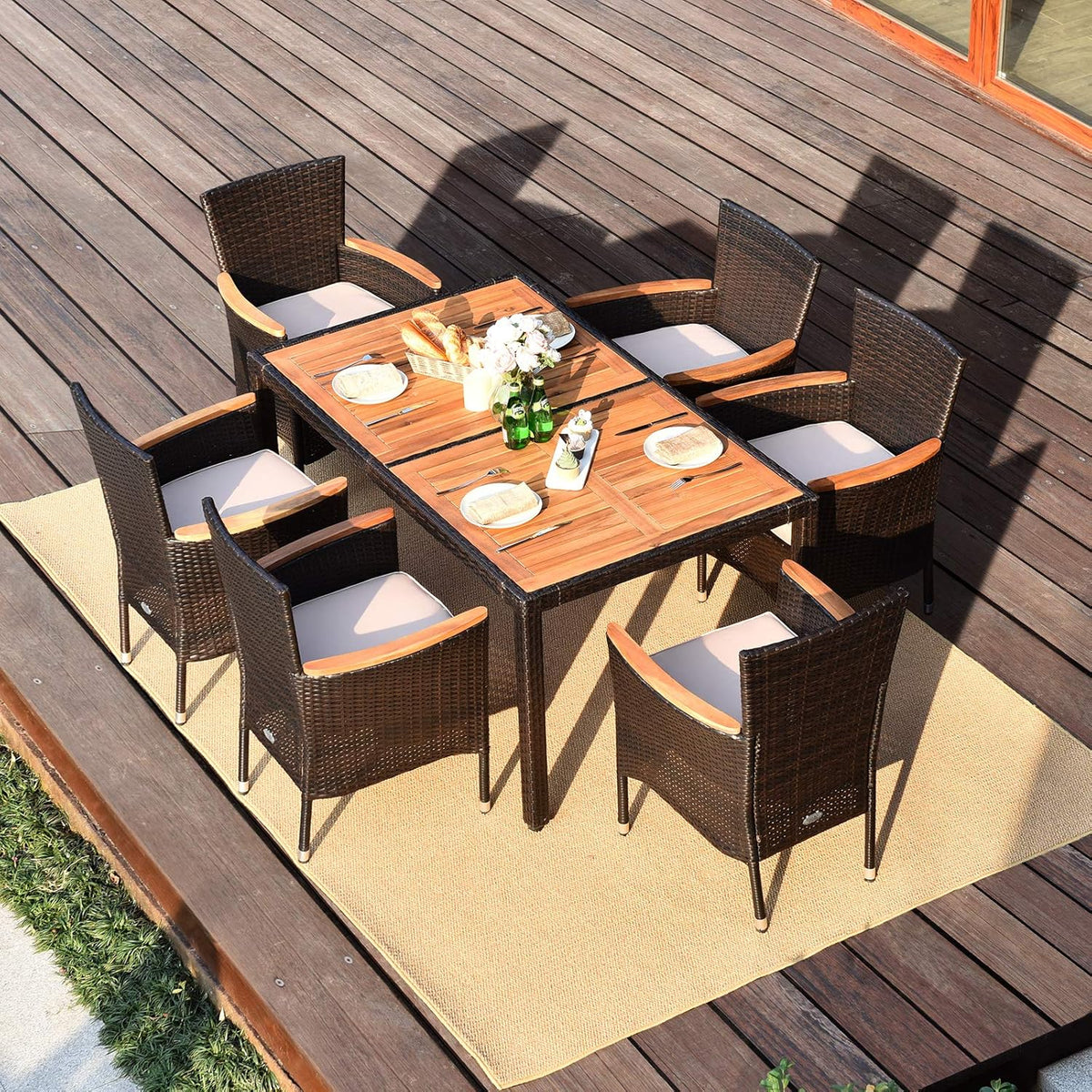 GIANTEX Garden Furniture Set for 6 People in Rattan and Acacia Wood, Outdoor Garden Table with 6 Chairs, Cushions, Parasol Hole, Adjustable Feet, for Courtyard, Picnic, Brown