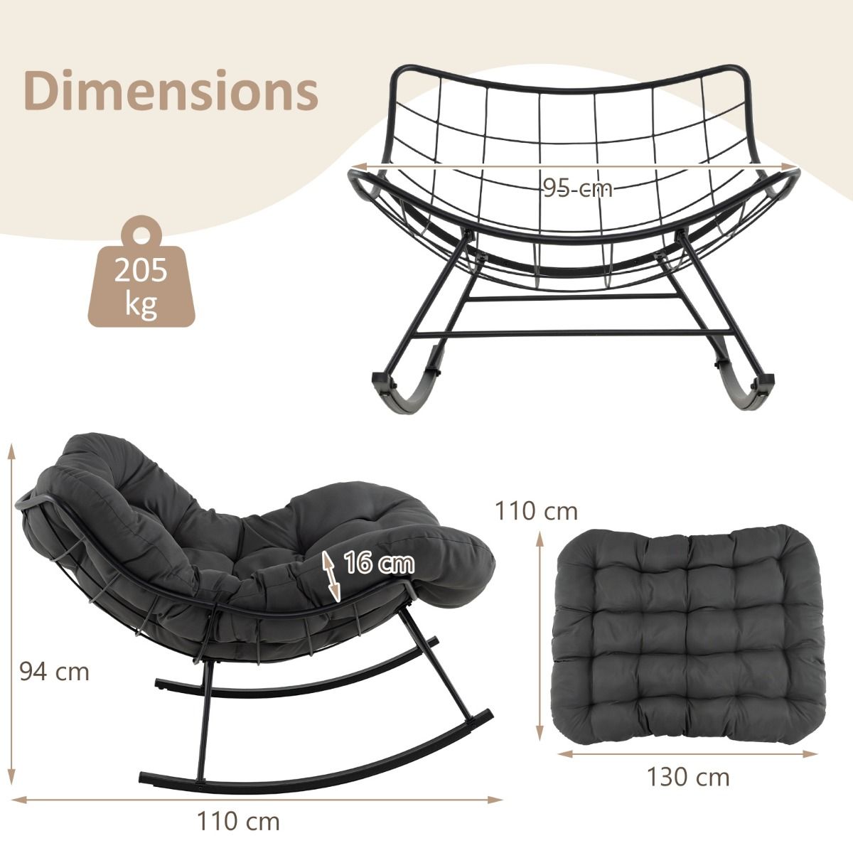 Indoor and Outdoor Rocking Chair Oversized Papasan Chair with Padded Cushion & Metal Frame Capacity 205 Kg Gray -