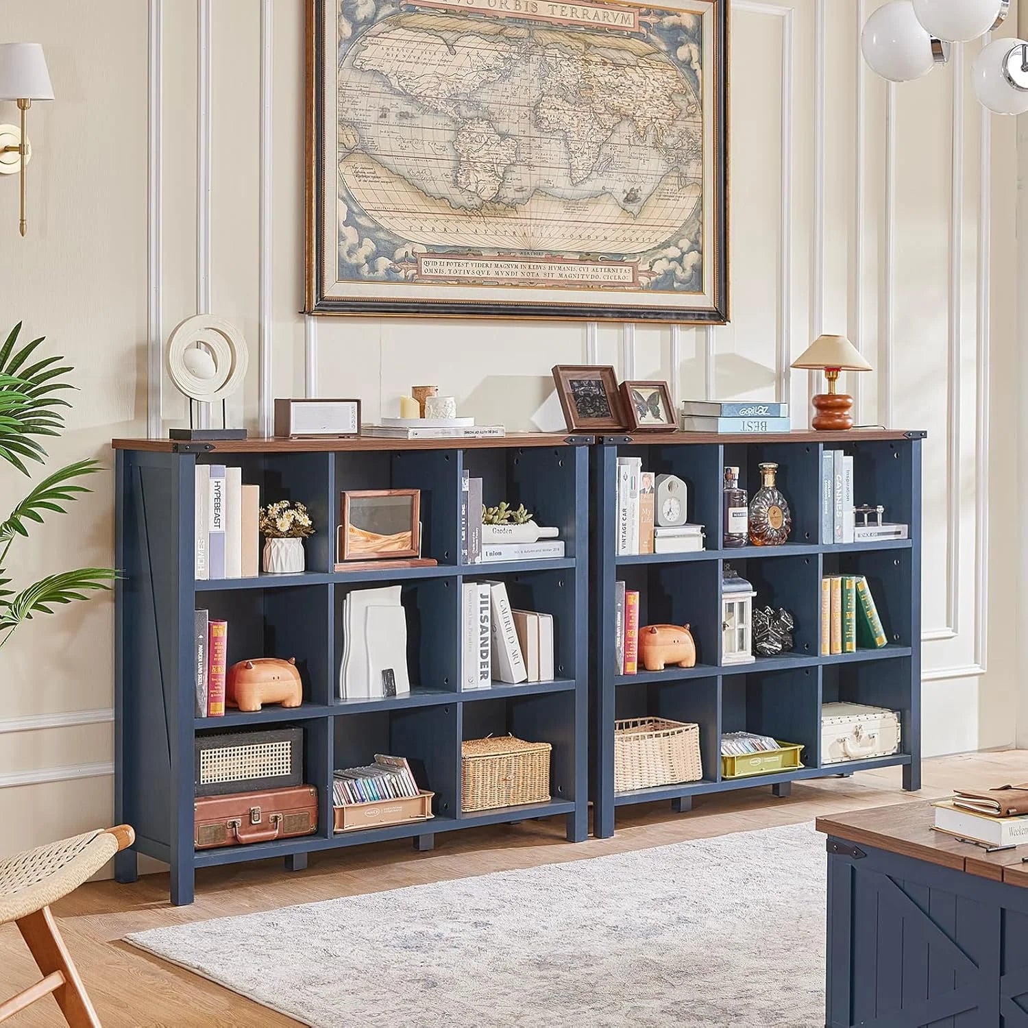9 Cube Bookcase, Farmhouse 47 in Wide Navy Blue Bookshelf, Wooden 3 Tier Display Large Open Book Shelf - Product image 4