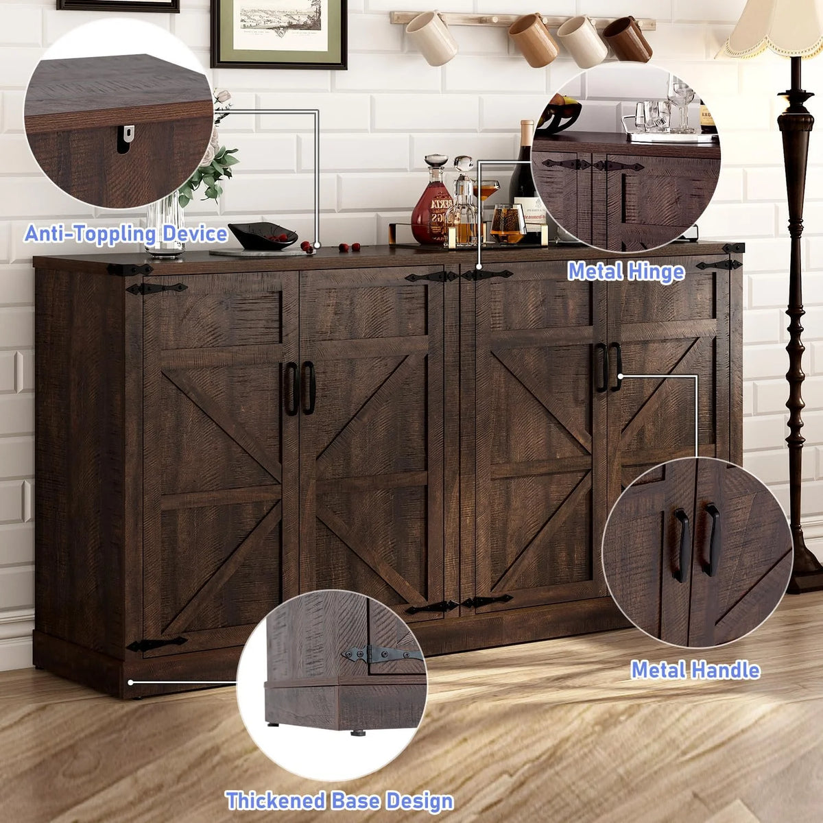 71" Tall Farmhouse Kitchen Pantry Cabinet, 5 Layers Storage Cabinet with Adjustable Shelves, Farmhouse Pantry Cabinet with 4 Barn Doors for Kitchen, Dining Room, Bathroom, Living Room, Rustic White