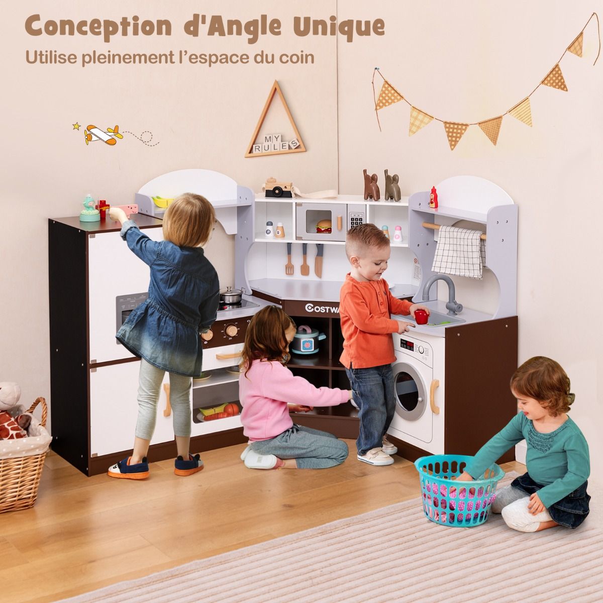 Corner Kitchen Game for Children Ages 3 and Up Wooden Ice Maker Napkin Holder Accessories Sound and Light Effects -