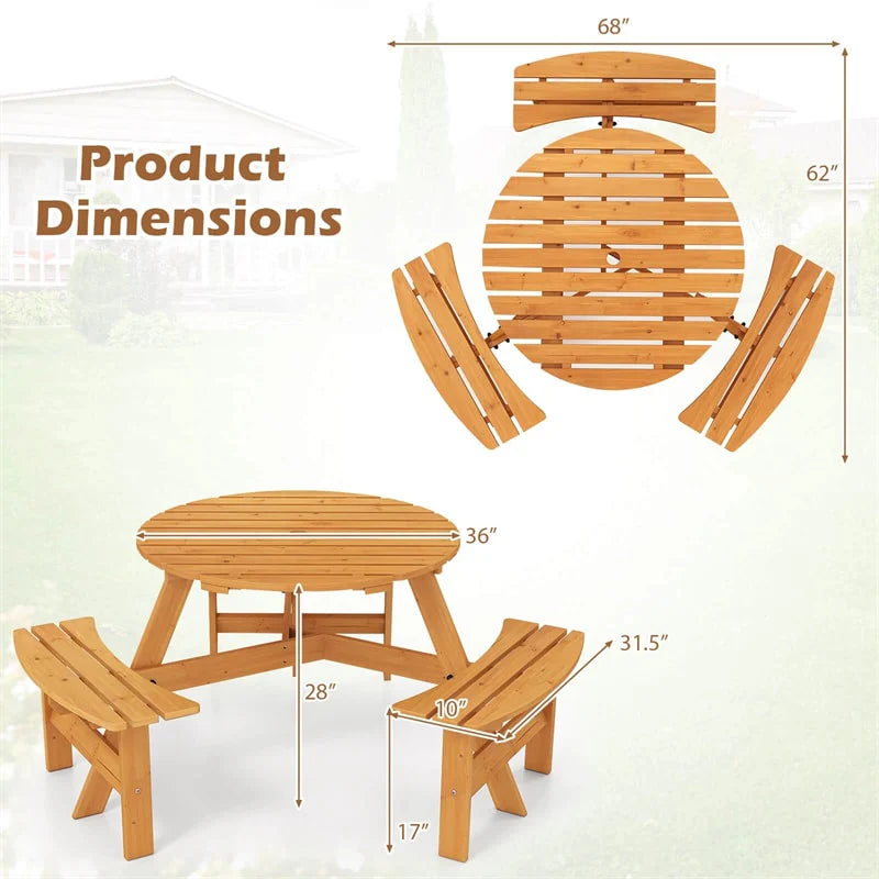 6-Person Round Wood Picnic Table Set with 3 Built-in Benches & 2" Umbrella Hole, Holds 1850 LBS - Product image 14