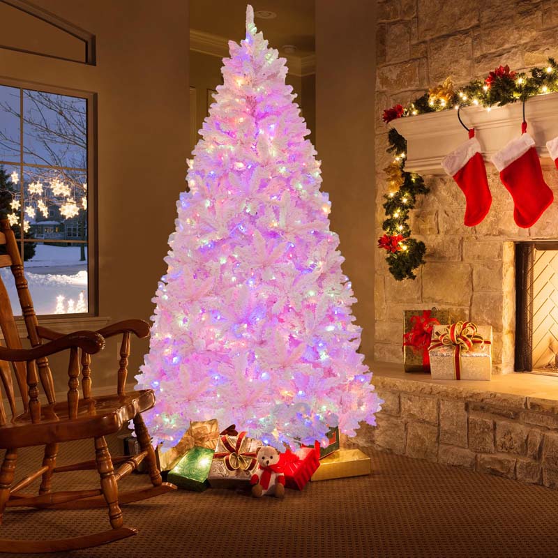 7 FT Pre-lit Pink Artificial Christmas Tree, Hinged Snow Flocked Holiday Tree with 1200 Tips