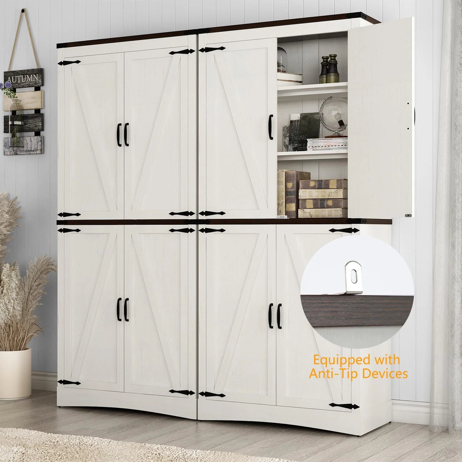 71" Tall Farmhouse Kitchen Pantry Cabinet, 5 Layers Storage Cabinet with Adjustable Shelves, Farmhouse Pantry Cabinet with 4 Barn Doors for Kitchen, Dining Room, Bathroom, Living Room, Rustic White