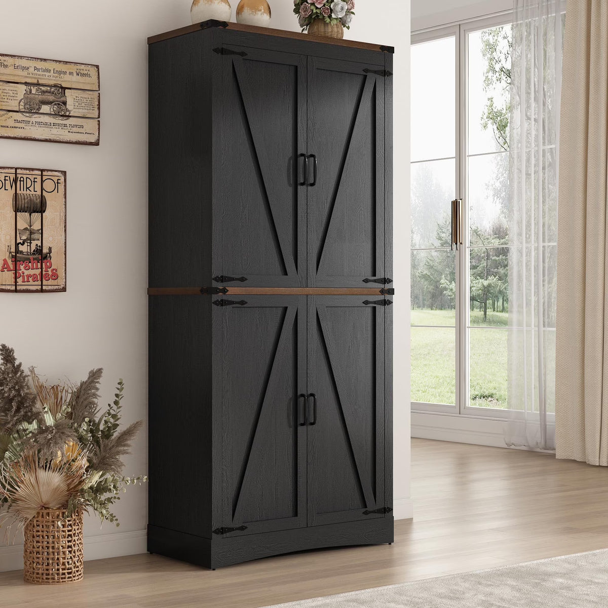 71" Tall Farmhouse Kitchen Pantry Cabinet, 5 Layers Storage Cabinet with Adjustable Shelves, Farmhouse Pantry Cabinet with 4 Barn Doors for Kitchen, Dining Room, Bathroom, Living Room, Rustic White