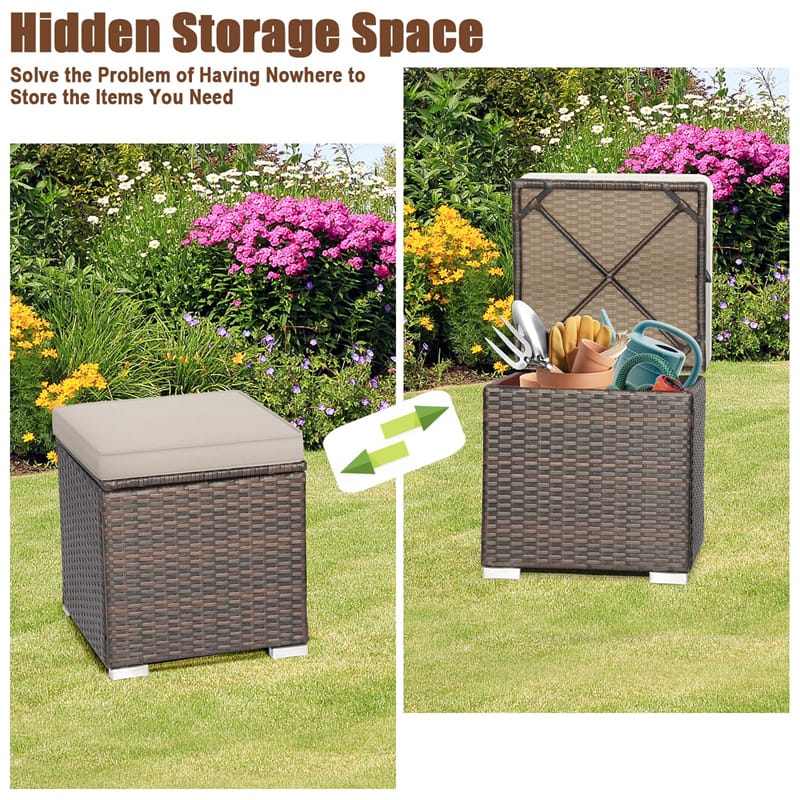 2PCS Wicker Outdoor Storage Ottomans with Removable Cushions, Multipurpose PE Rattan Footrest Side Table - Product image 7