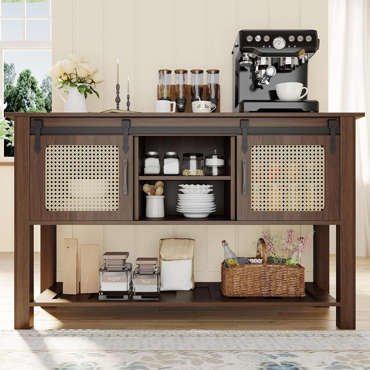 AECOJOY Buffet Cabinet, Coffee Bar Storage Cabinet, 46'' Coffee Bar Table with Rattan Sliding Barn Door - Product image 2