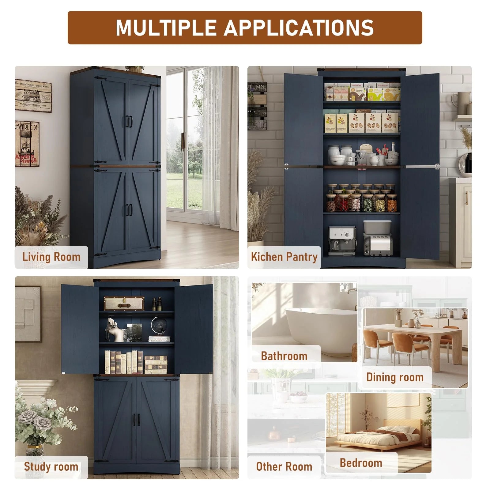71" Tall Farmhouse Kitchen Pantry Cabinet, 5 Layers Storage Cabinet with Adjustable Shelves, Farmhouse Pantry Cabinet with 4 Barn Doors for Kitchen, Dining Room, Bathroom, Living Room, Rustic White