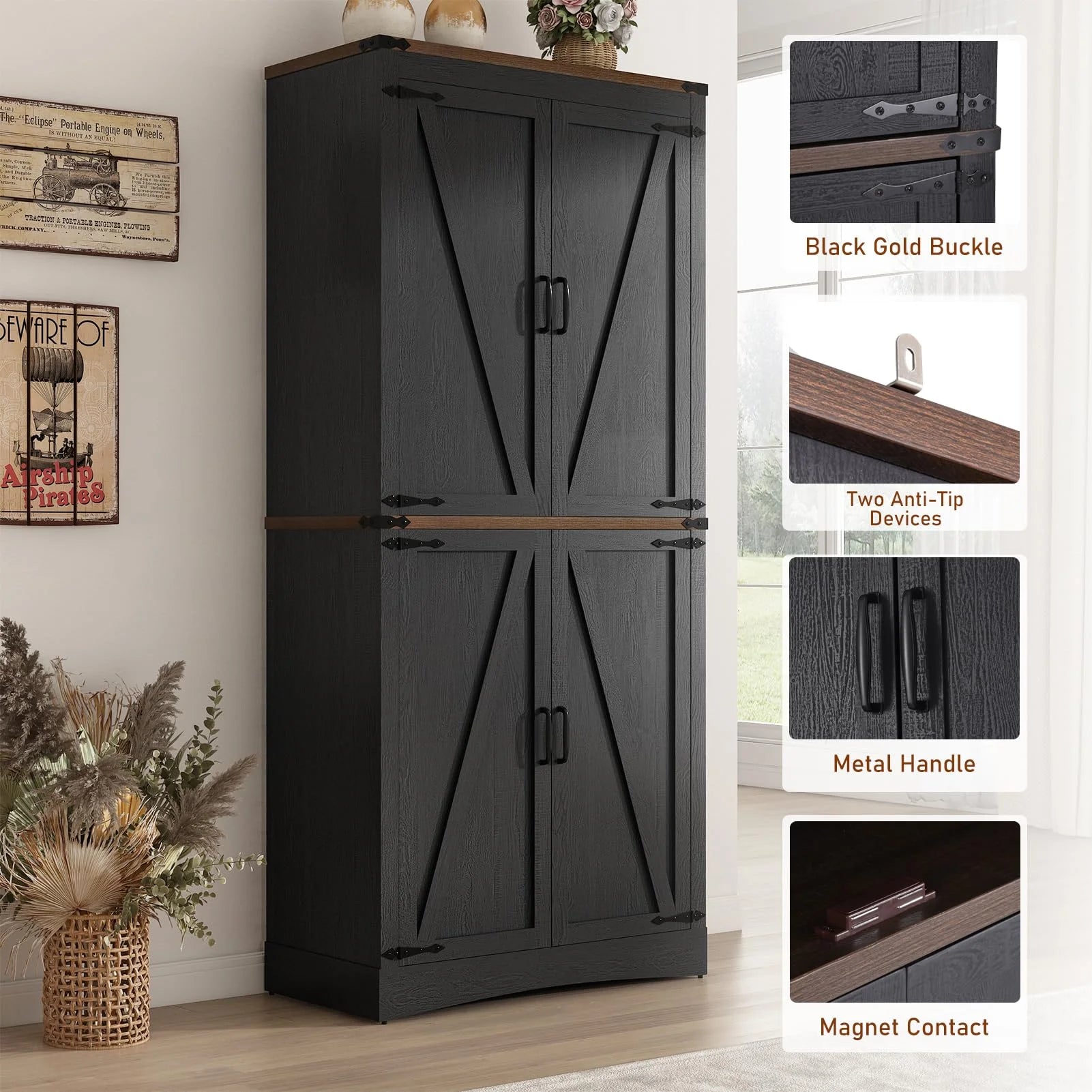 71" Tall Farmhouse Kitchen Pantry Cabinet, 5 Layers Storage Cabinet with Adjustable Shelves, Farmhouse Pantry Cabinet with 4 Barn Doors for Kitchen, Dining Room, Bathroom, Living Room, Rustic White